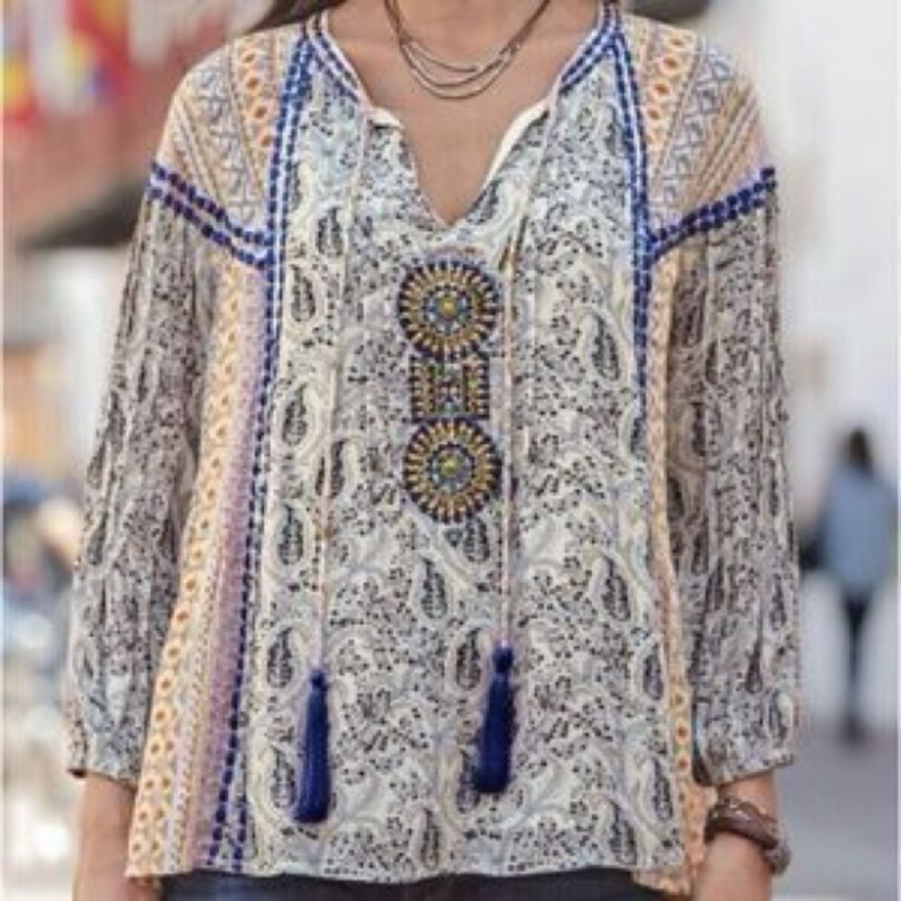 Sundance WANDRESS Pullover Peasant Boho Top Blouse White Blue Tassels Large - Picture 9 of 10